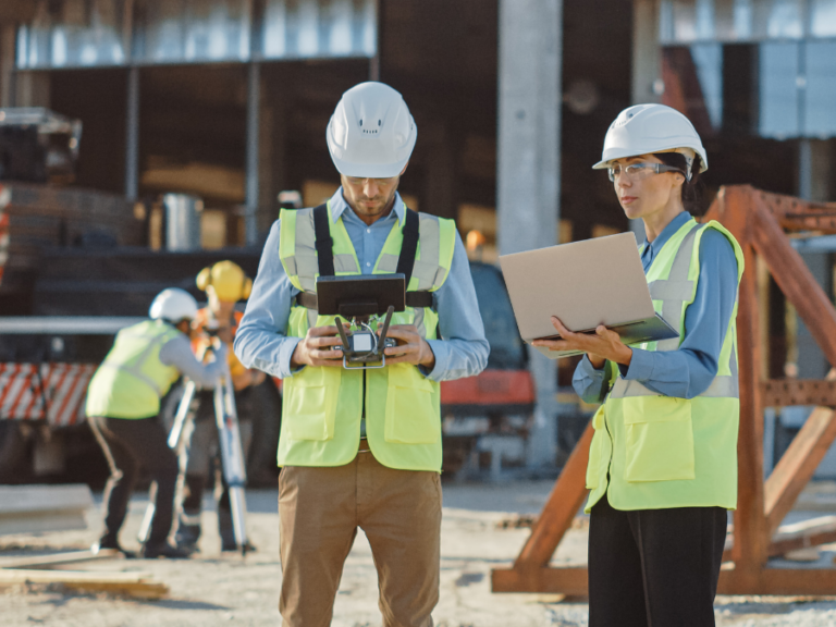Inżynierowie na placu budowy z laptopem i dronem, co odnosi się do nowoczesnego podejścia do dokumentacji technicznej i obsługi c-KOB.