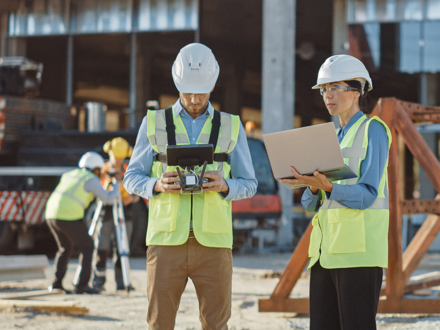 Inżynierowie na placu budowy z laptopem i dronem, co odnosi się do nowoczesnego podejścia do dokumentacji technicznej i obsługi c-KOB.