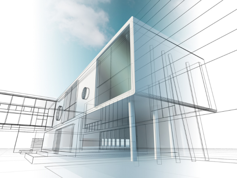 Wizualizacja 3D nowoczesnego budynku w formie szkicu i modelu, co ilustruje projektowanie architektoniczne i planowanie inwestycji.
