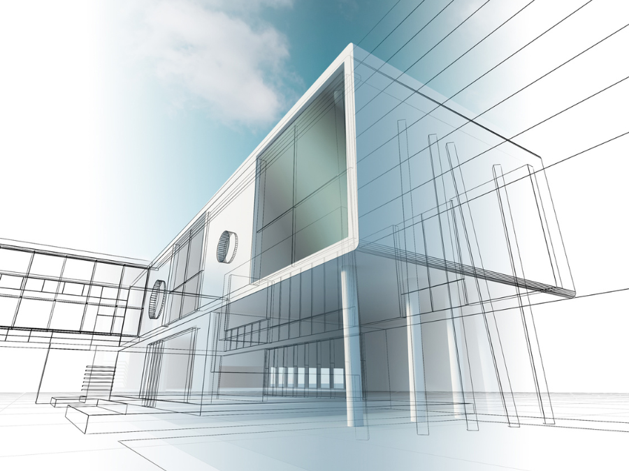 Wizualizacja 3D nowoczesnego budynku w formie szkicu i modelu, co ilustruje projektowanie architektoniczne i planowanie inwestycji.
